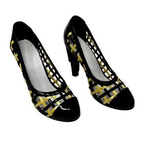 Chanel Black Patent Lattice Heels Yellow Trim CC Logo Pumps EU 39